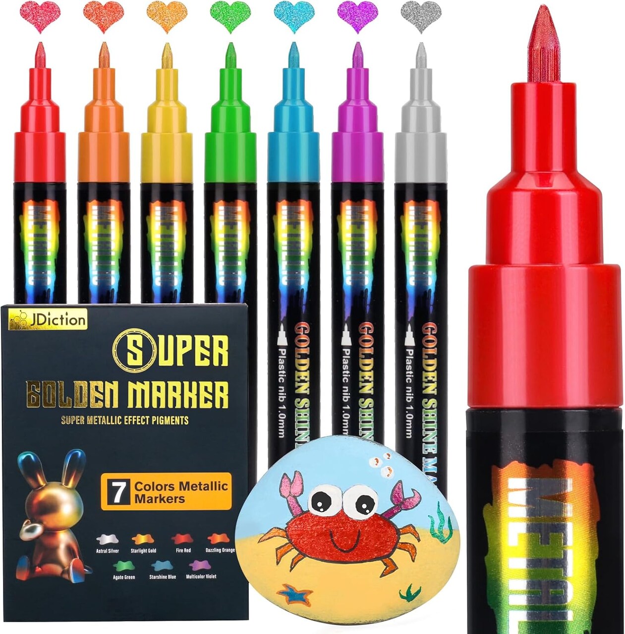 JDiction Metallic Permanent Markers, 7 Colors Glitter Metallic Markers, High Gloss, Waterproof, Scrapbook Supplies, Resin Crafts Supplies, Metallic Paint Pens for Crafts, DIY, Painting